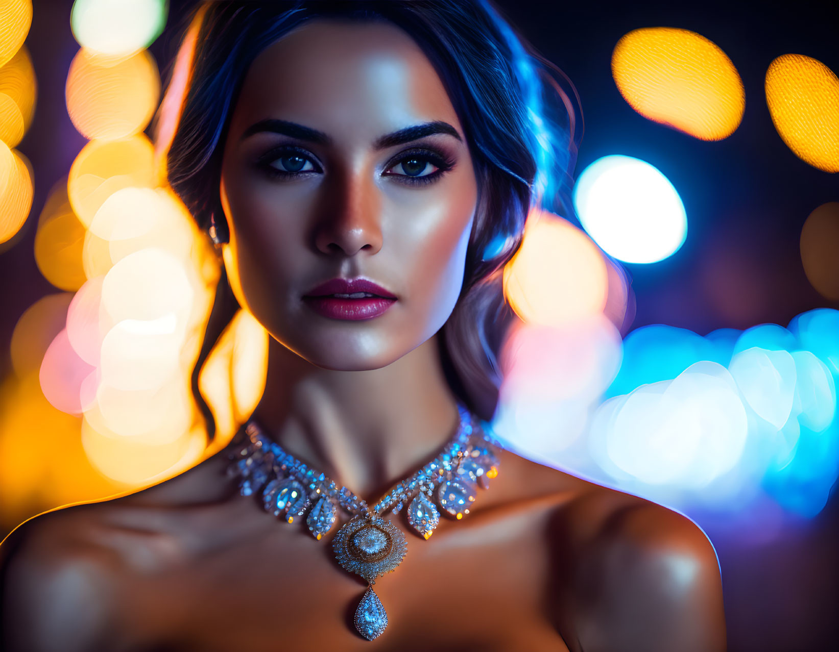 Striking makeup woman with glamorous necklace in vibrant bokeh lights