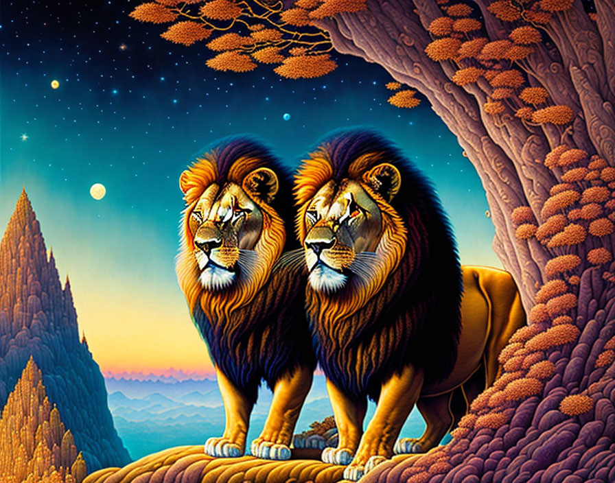 Majestic lions in vibrant orange foliage under starry sky