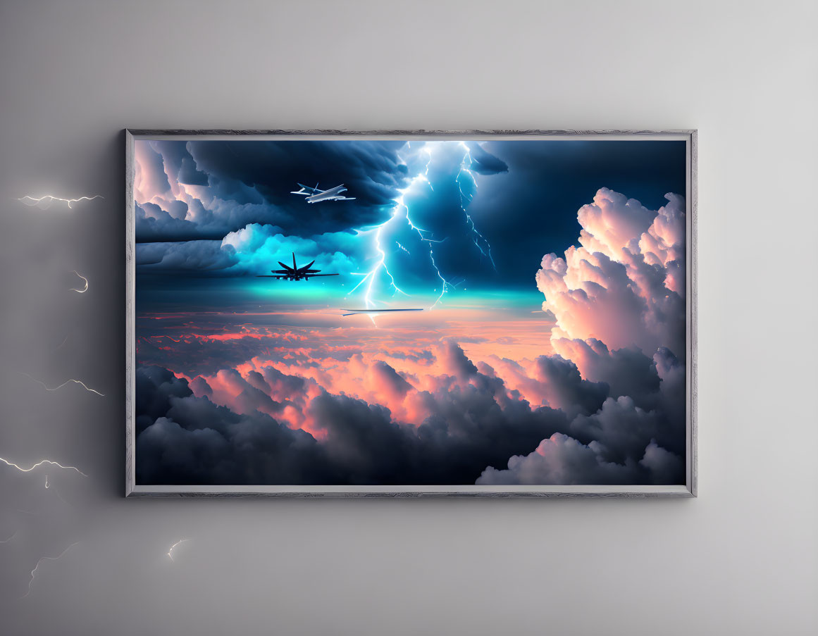 Digital art: Dramatic sky with lightning bolts, fluffy clouds, airplanes in realistic picture frame