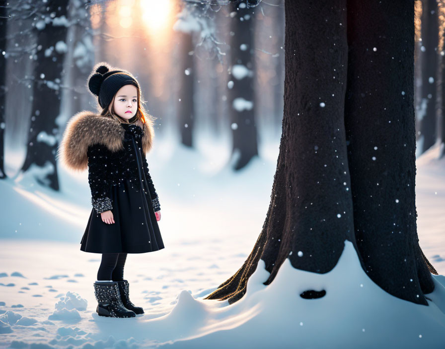 Child in black winter coat stands among snow-covered trees