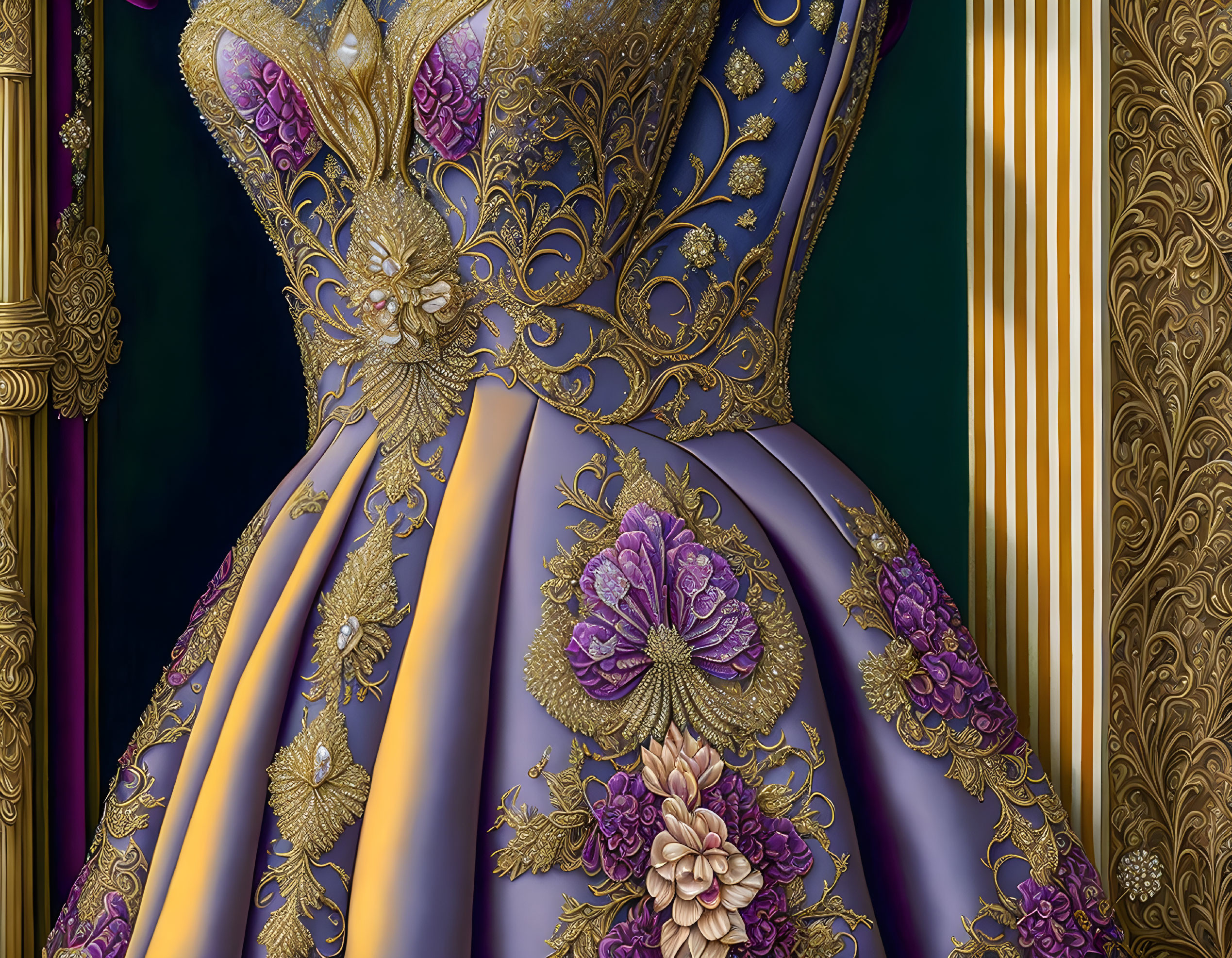 Gold Embroidered Purple Gown with Floral Motifs on Green and Gold Striped Background