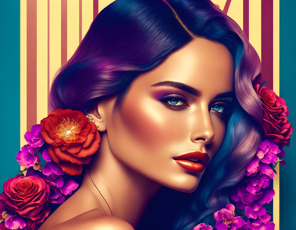 Vibrant digital art portrait of woman with blue hair and colorful makeup surrounded by flowers on striped background