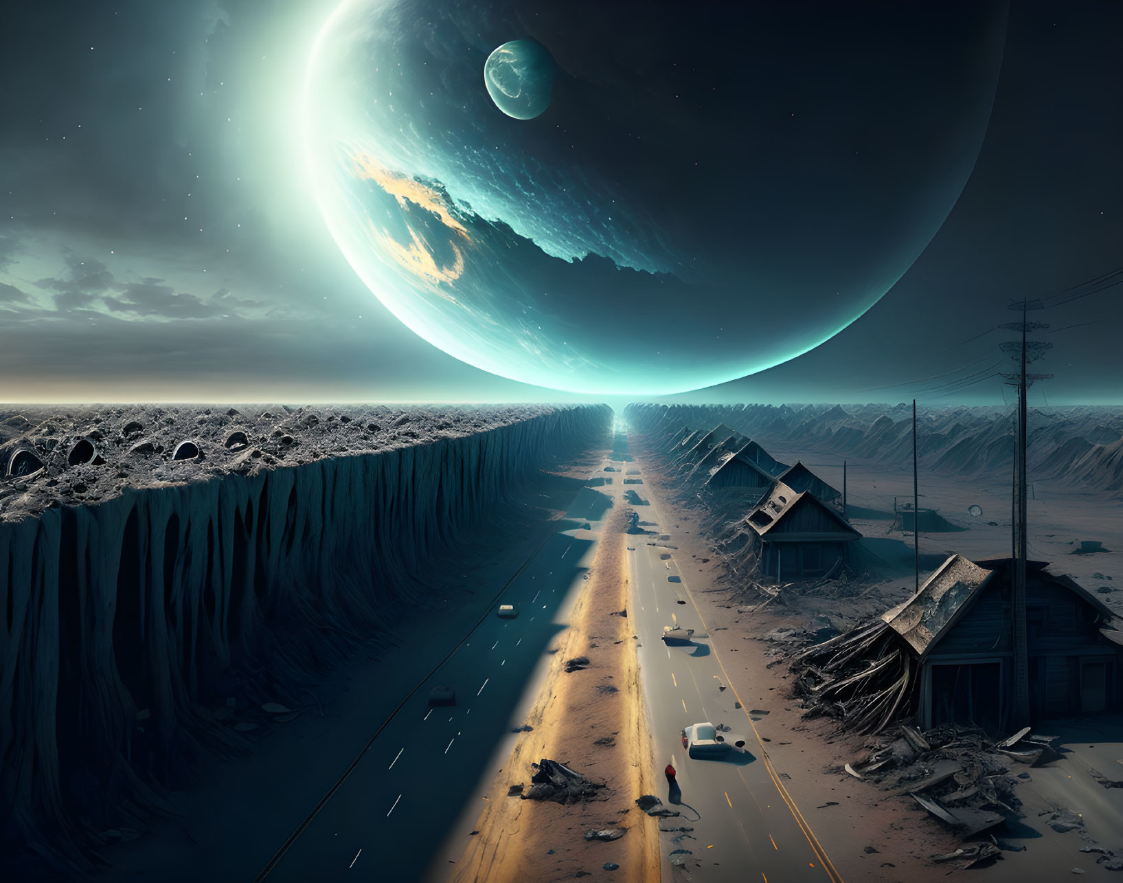 Abandoned vehicles and houses on deserted highway under large celestial body