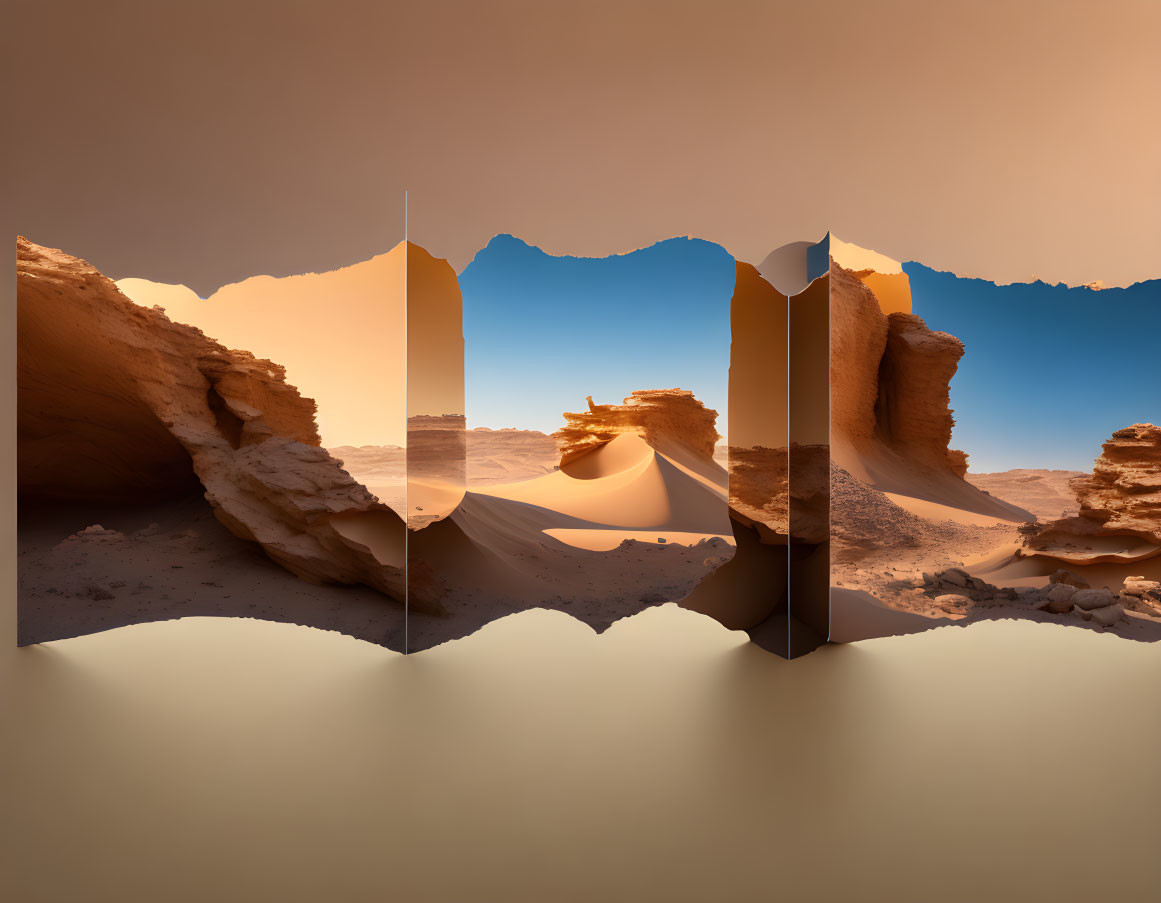 Rippled sand dunes and eroded rock formations in surreal desert landscape