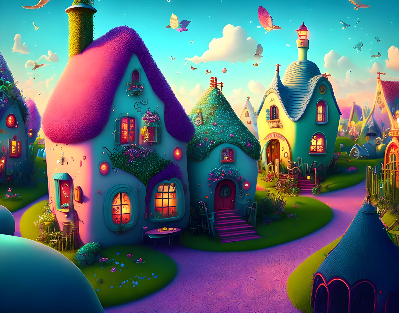 Colorful fairytale village with mushroom houses and butterflies