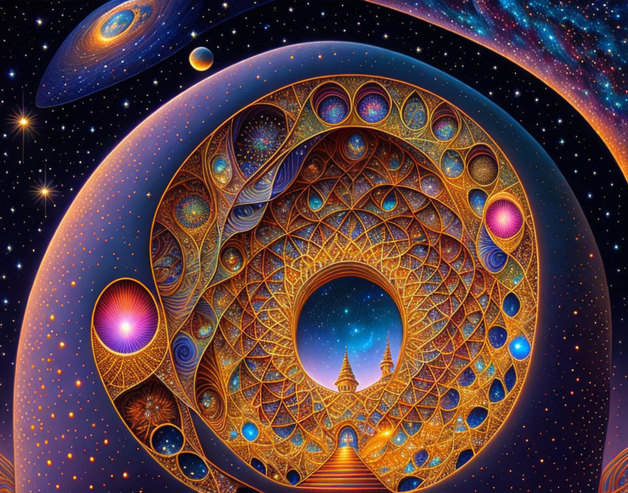 Colorful Fractal Art: Cosmic Portal with Intricate Patterns and Celestial Bodies