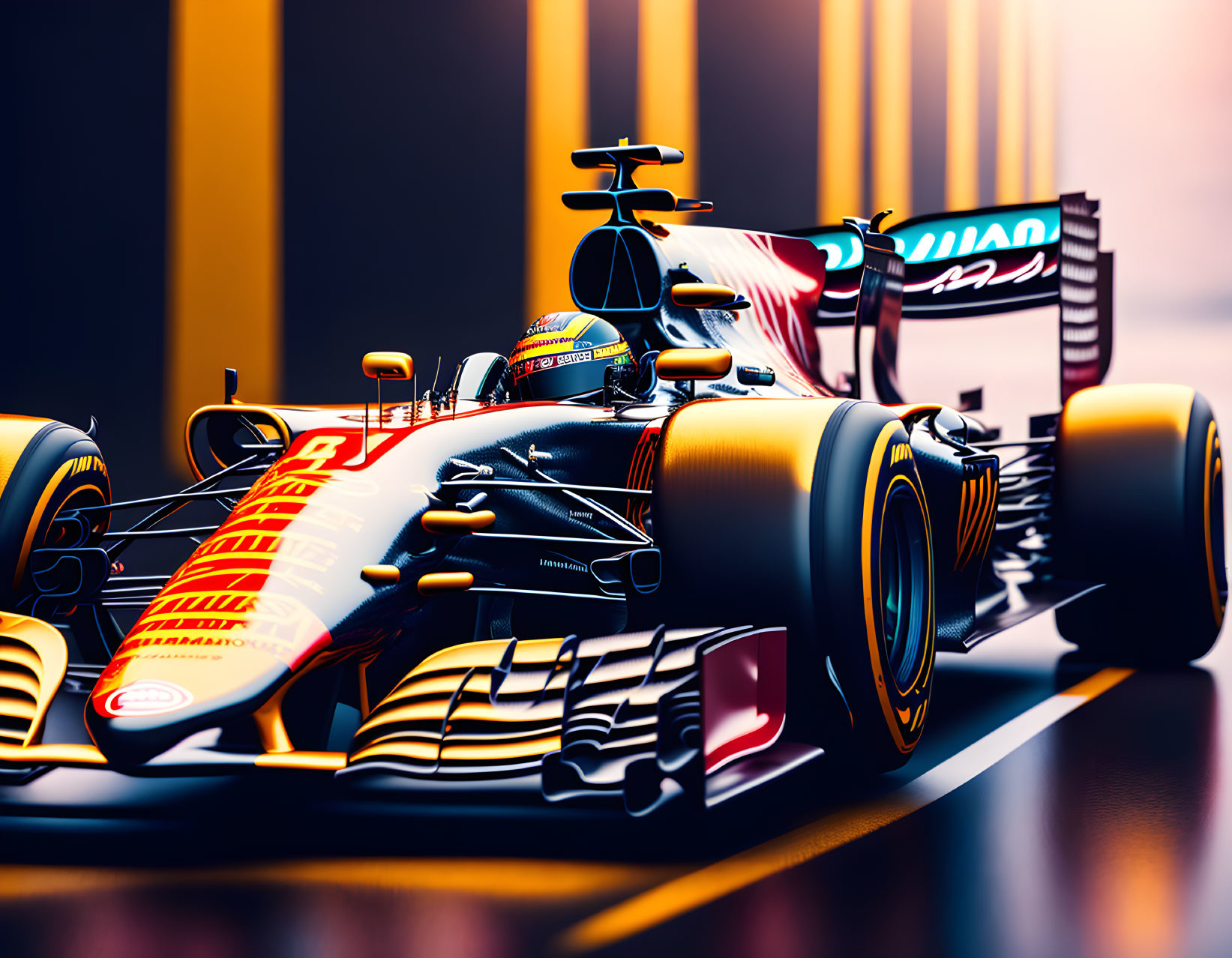 Vibrant Formula 1 Race Car with Sponsor Logos in Dramatic Lighting