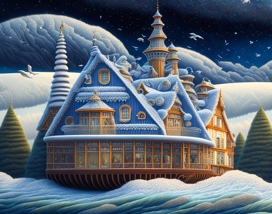 Fantastical blue house illustration with snowy pine trees