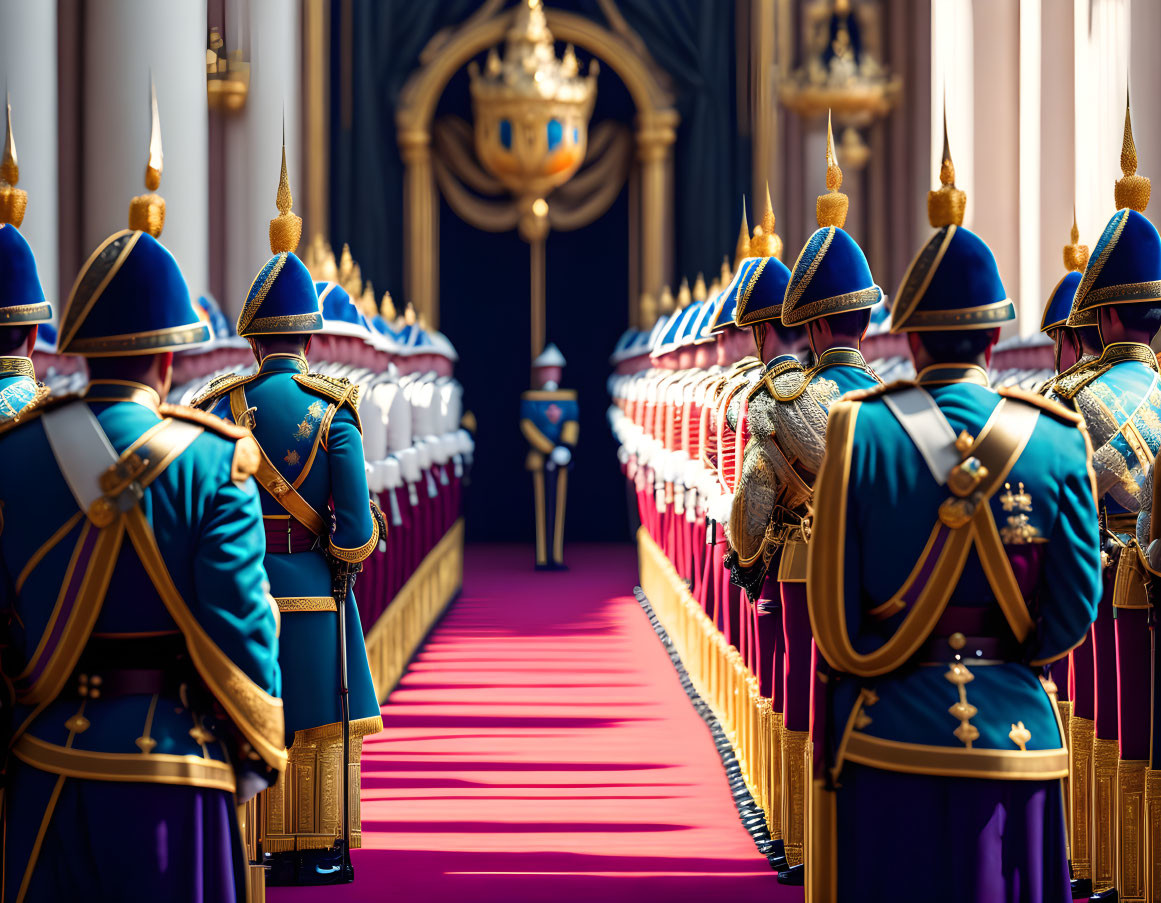 Ceremonial guards in blue uniforms and helmets flank red carpet in regal hallway