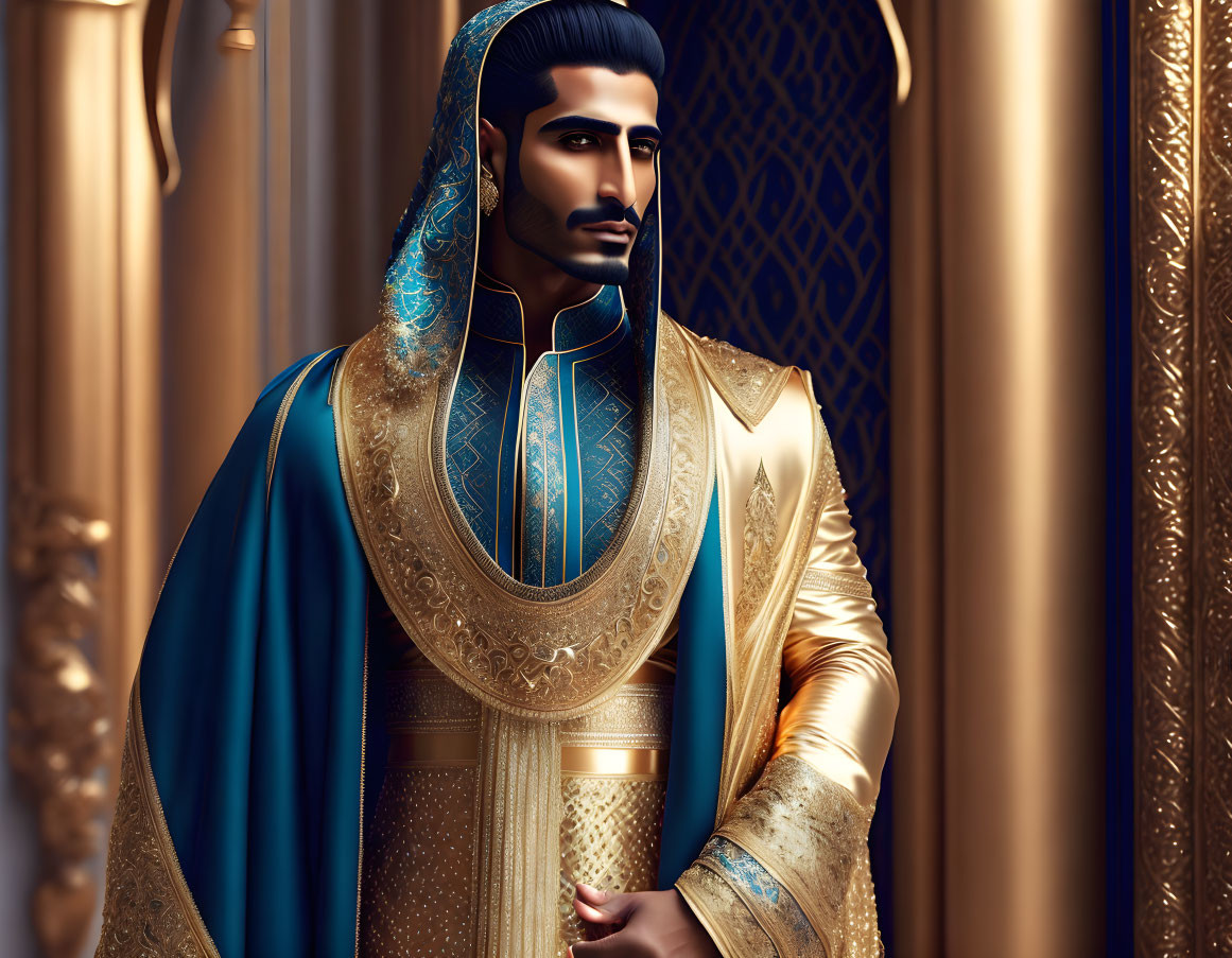 Regal man in ornate traditional attire in luxurious golden interior