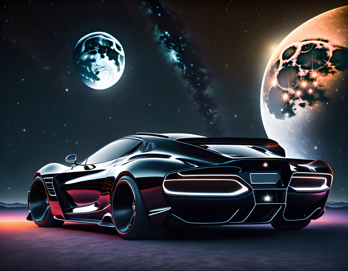 Black Sports Car on Desolate Surface Under Starry Sky