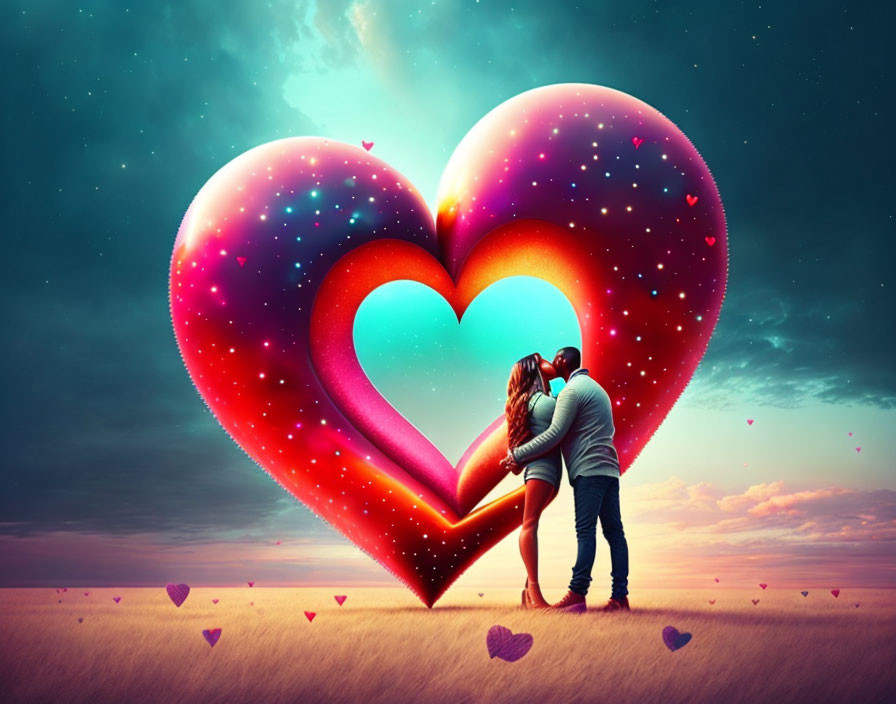 Romantic couple in front of colorful heart shape under twilight sky