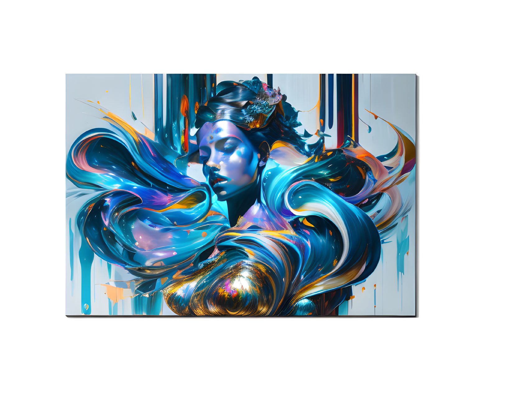 Vibrant abstract female figure in blue hues with floral elements