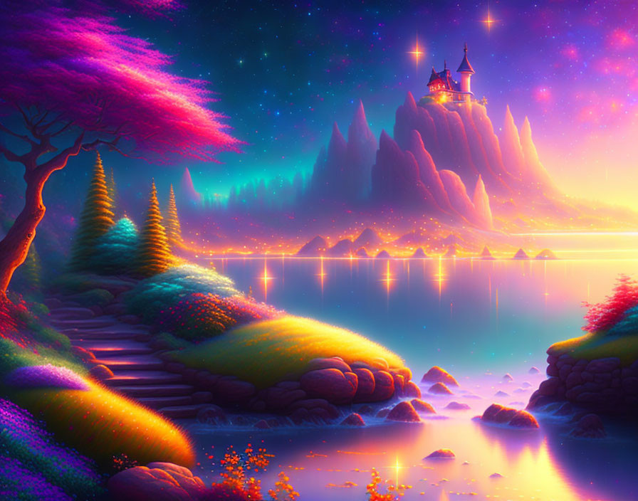 Vibrant fantasy landscape: Glowing castle, cliff, lake, colorful flora, starry sky