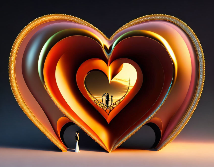 Heart Tunnel with Couple at Entrance and Cityscape Silhouette