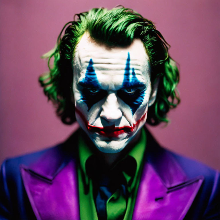 Intense person in Joker makeup with green hair on pink background