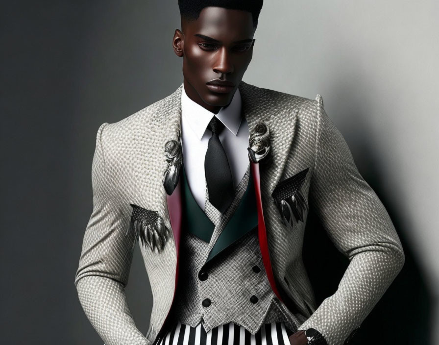 Elegant man in patterned suit with brooches and colorful lapel