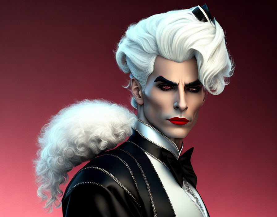 Stylized male figure with white hair and high collar outfit