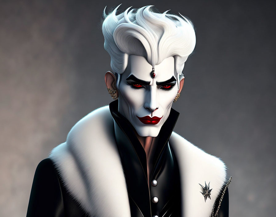 Male figure with white hair, dark makeup, red lipstick, earrings, and studded collar.