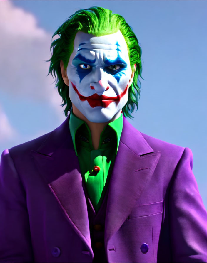 3D-rendered Joker with purple suit and green hair on blue sky background