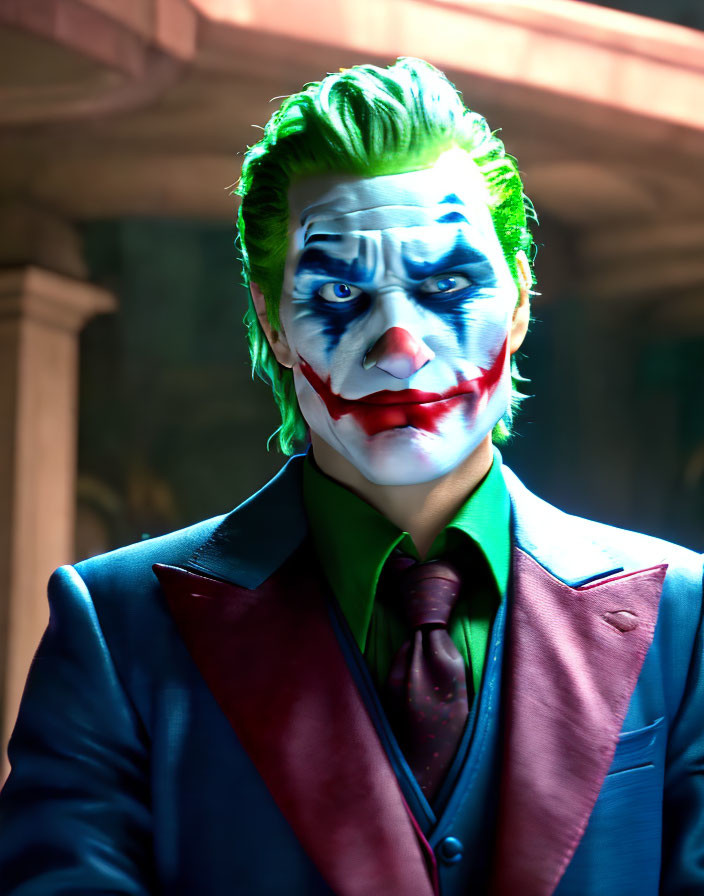 Intense person in Joker makeup and colorful suit gazes at camera