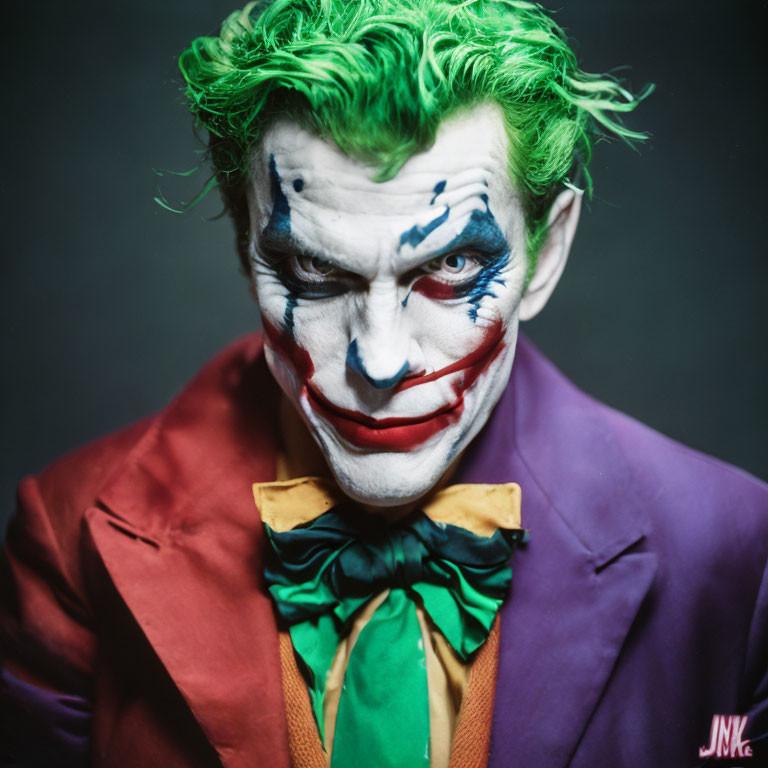 Green-haired person in Joker makeup with purple coat and bow tie on dark background