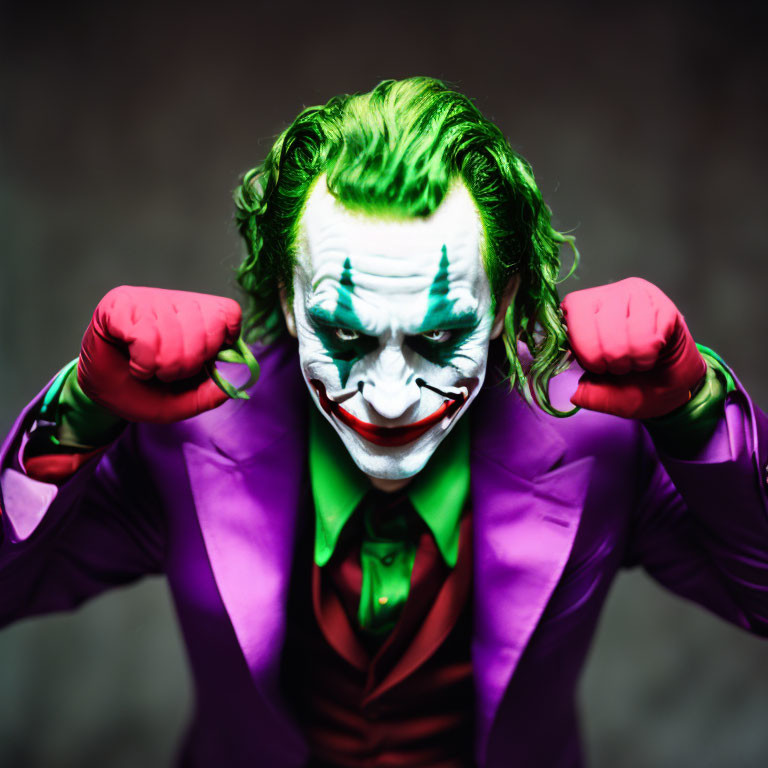 Character in Joker attire: green hair, purple coat, fists clenched, dark backdrop