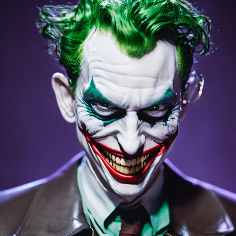 Detailed Joker figurine with green hair and red smile on purple background