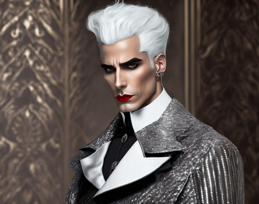 Stylized man with white hair, edgy makeup in grey blazer