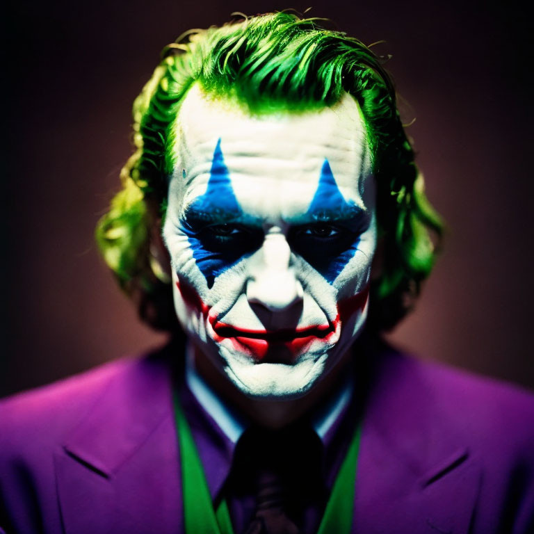 Person in Joker makeup with green hair and purple suit under dramatic lighting