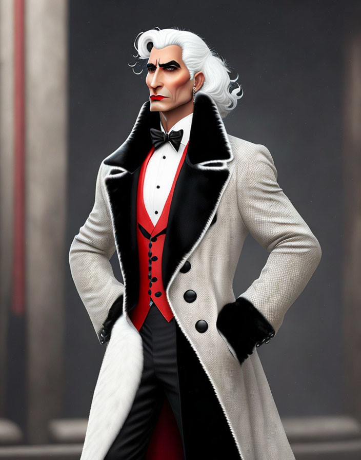 White-haired male character in black tuxedo, red vest, white overcoat.