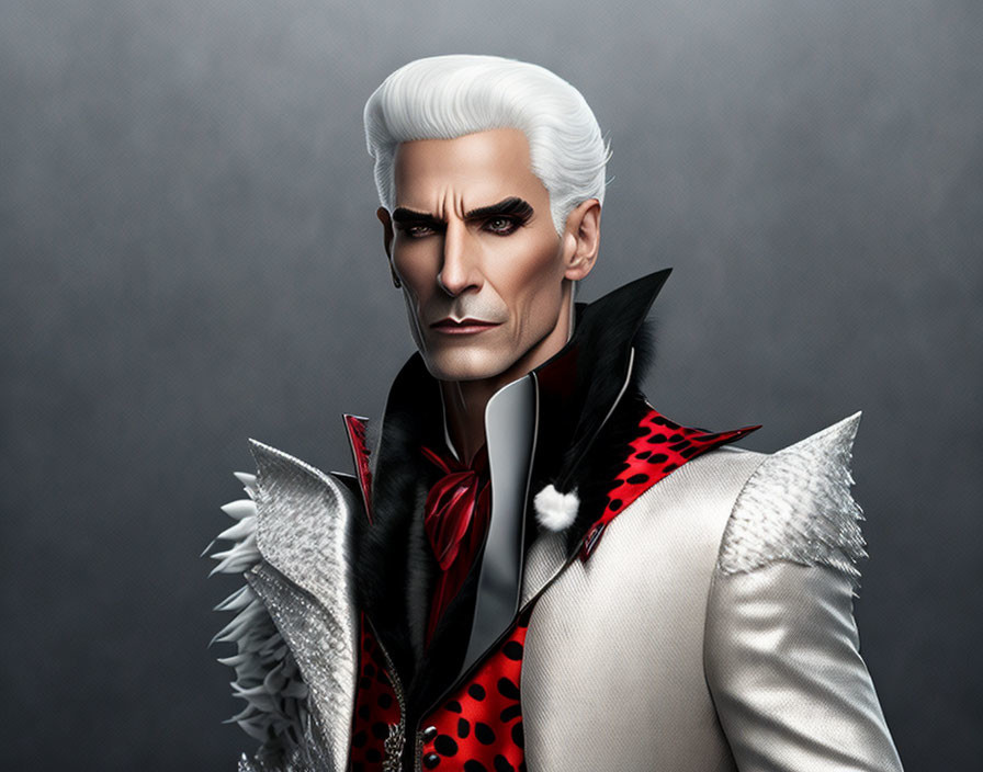 White-Haired Male Character in Lavish Red Costume on Gray Background