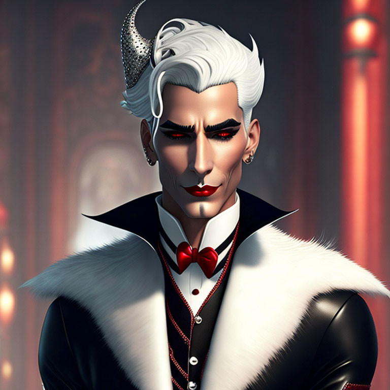 Illustrated character with silver hair, goatee, red eye makeup, black suit, fur collar,