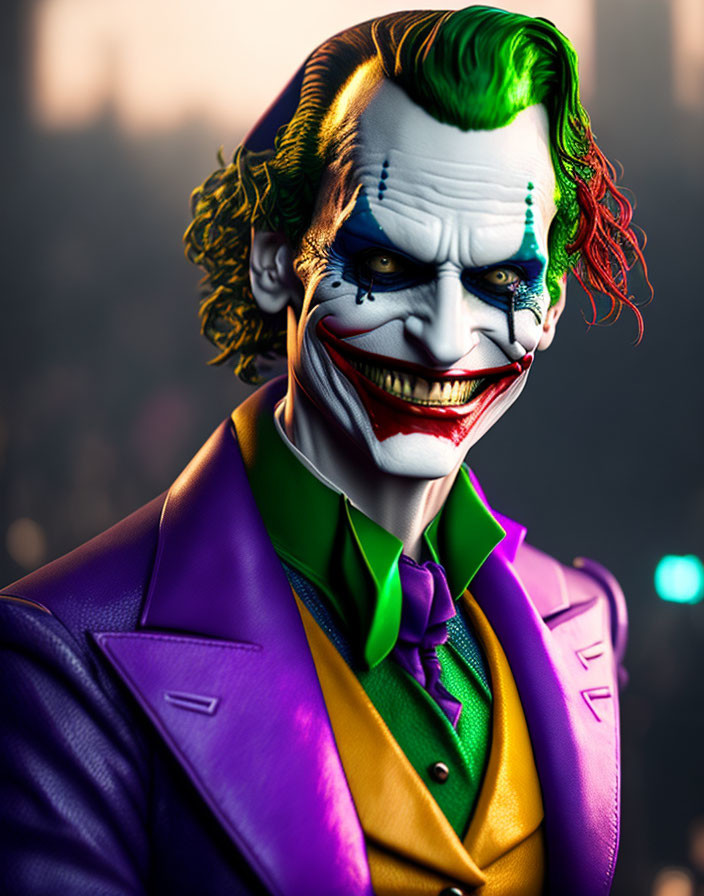 Stylized Joker portrait with green hair, white face paint, red smile, purple suit in city