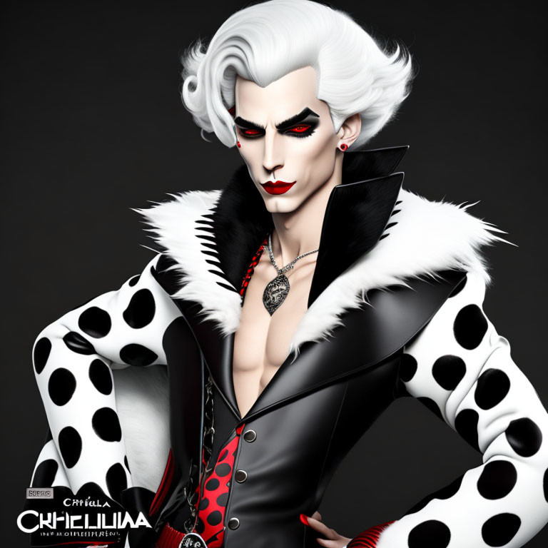 Stylized character with white hair, red lipstick, black and white polka dot coat, and