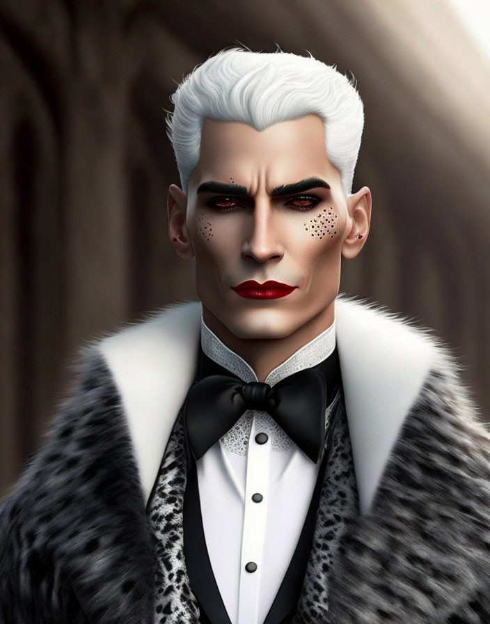 Stylish man with white hair, piercings, tuxedo, and fur coat