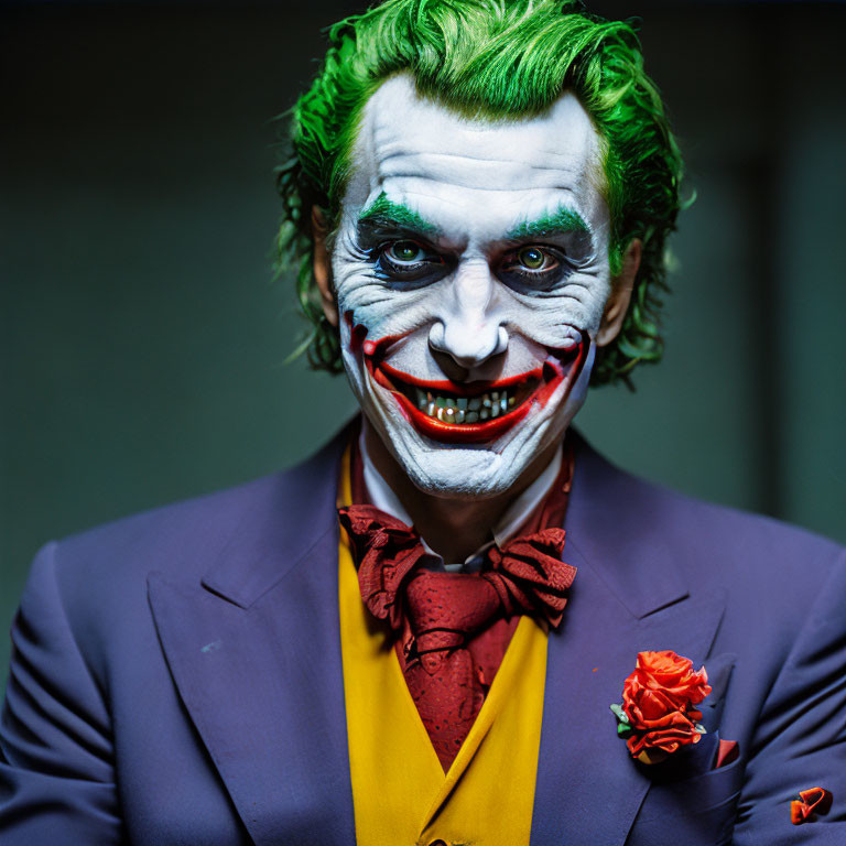 Cosplayer in Joker costume with green hair, white face paint, purple suit, red smile.