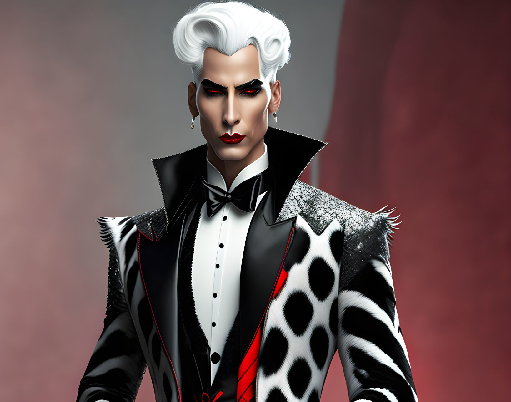 White-haired male figure in elegant black and white outfit with fur-trimmed cape