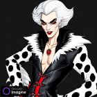 Stylized character with white hair, red lipstick, black and white polka dot coat, and