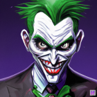 Detailed Joker figurine with green hair and red smile on purple background