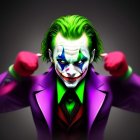 Character in Joker attire: green hair, purple coat, fists clenched, dark backdrop