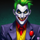 Cosplayer in Joker costume with green hair, white face paint, purple suit, red smile.