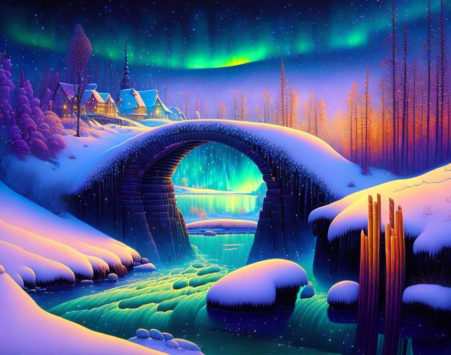 Snowy Stone Bridge Over River in Winter Night Landscape