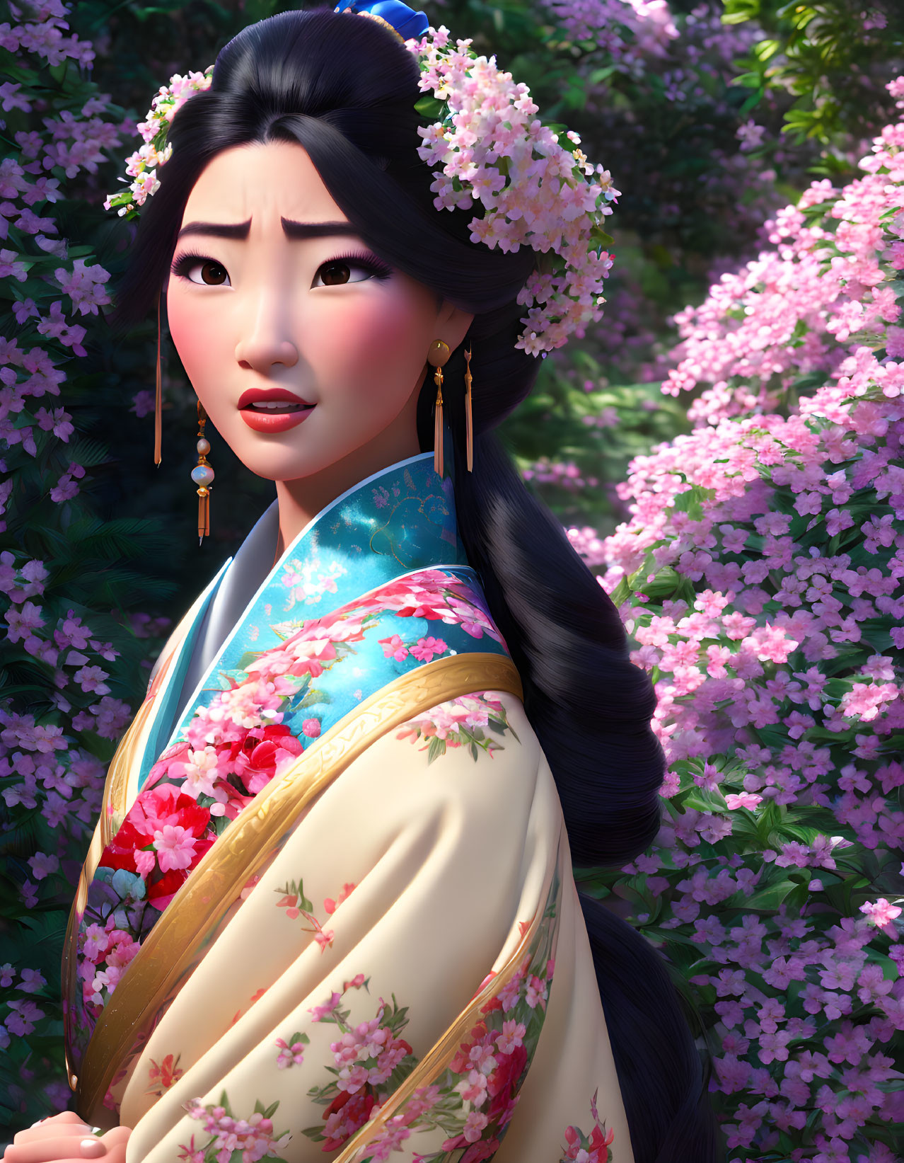 Long-haired animated woman in floral kimono surrounded by pink blossoms