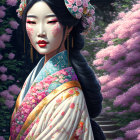 Long-haired animated woman in floral kimono surrounded by pink blossoms