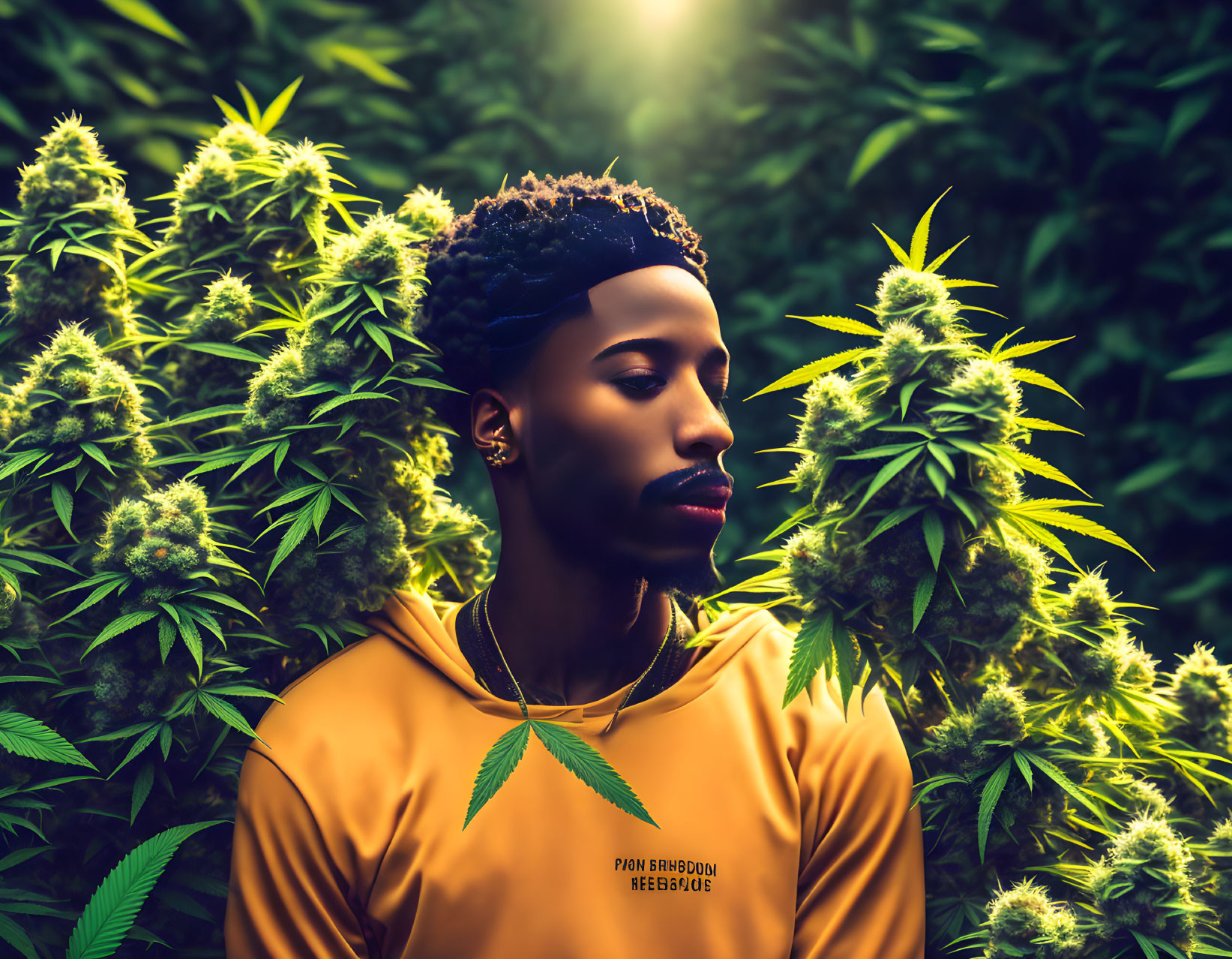 Stylish person in yellow shirt among tall cannabis plants under sunlight