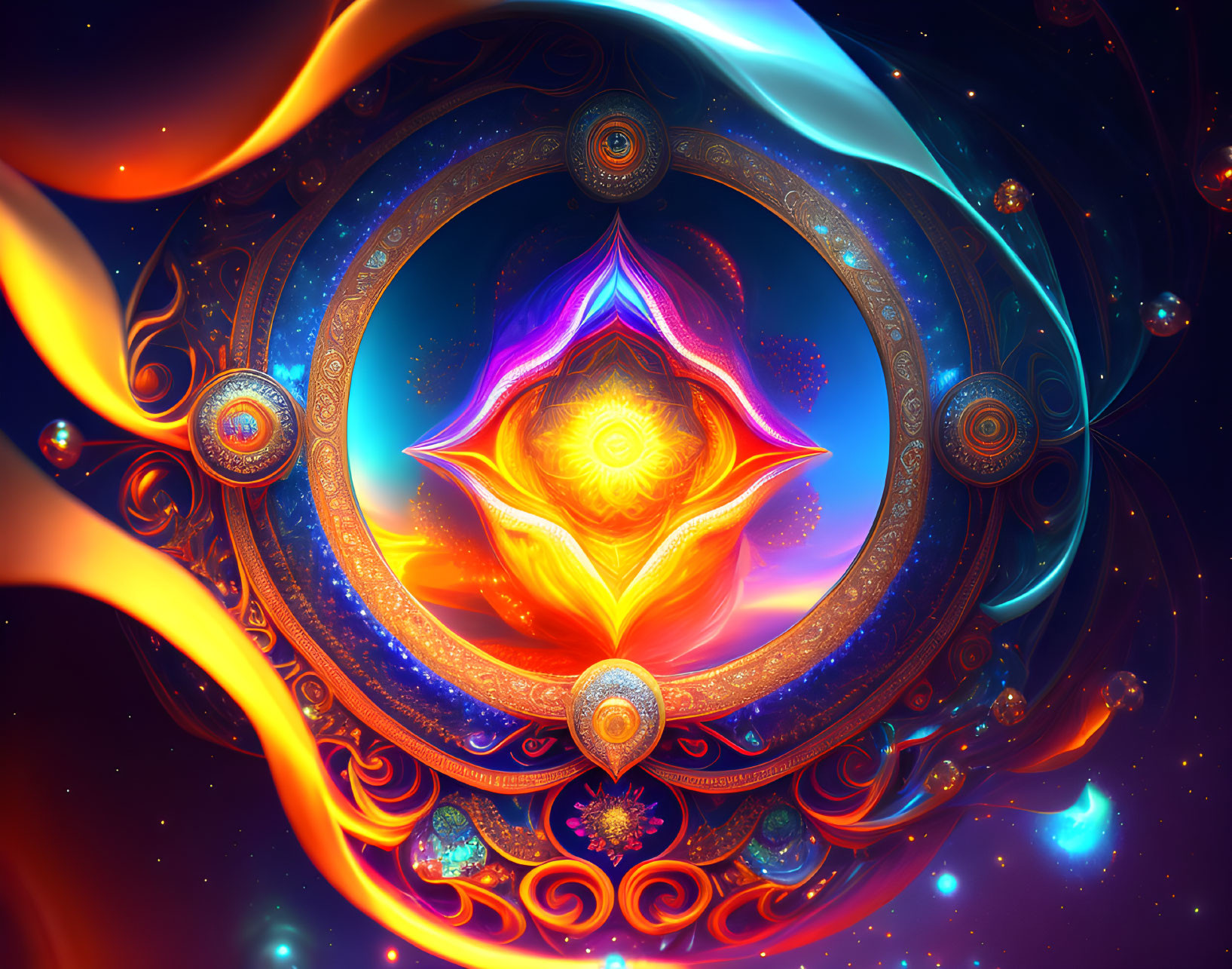 Symmetrical ornate design with glowing fractals in blue, orange, and gold