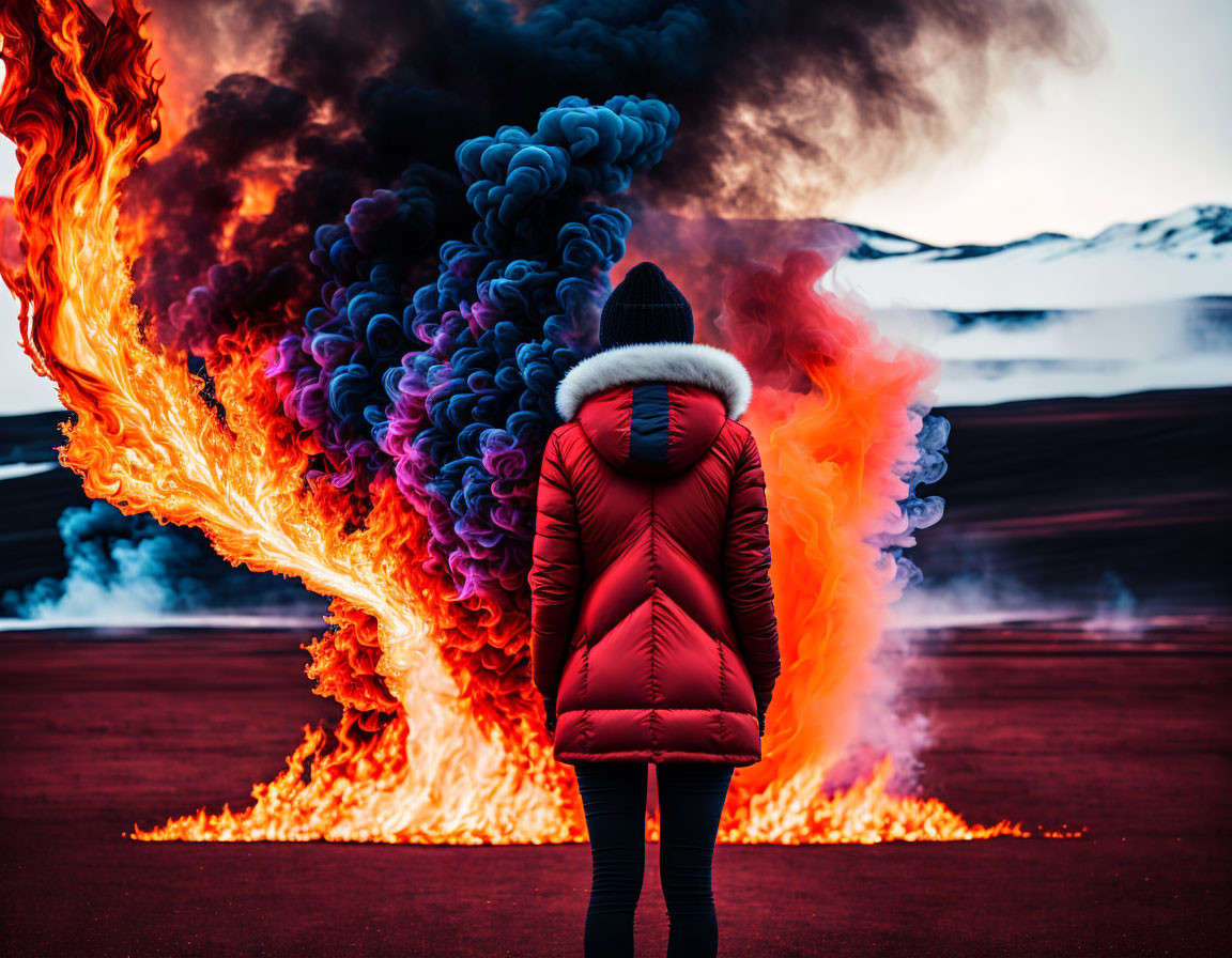 Person in Red Jacket Faces Vibrant Fiery Explosion in Snowy Landscape