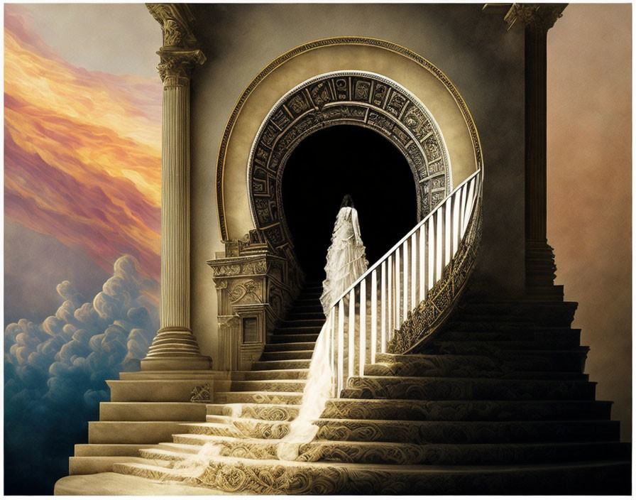 Person in white ascends grand staircase under arch in mystical sunset scene