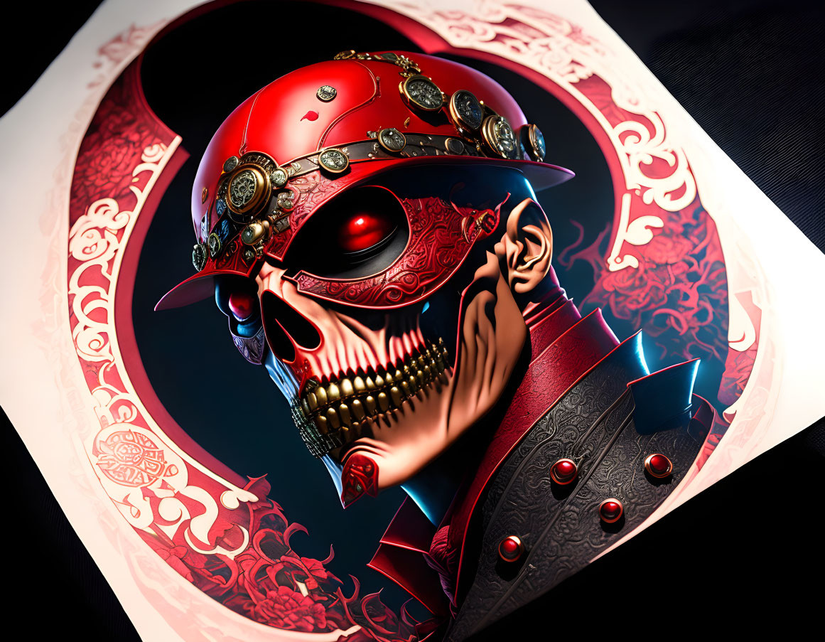 Skull in Red Military Helmet on Intricate Background